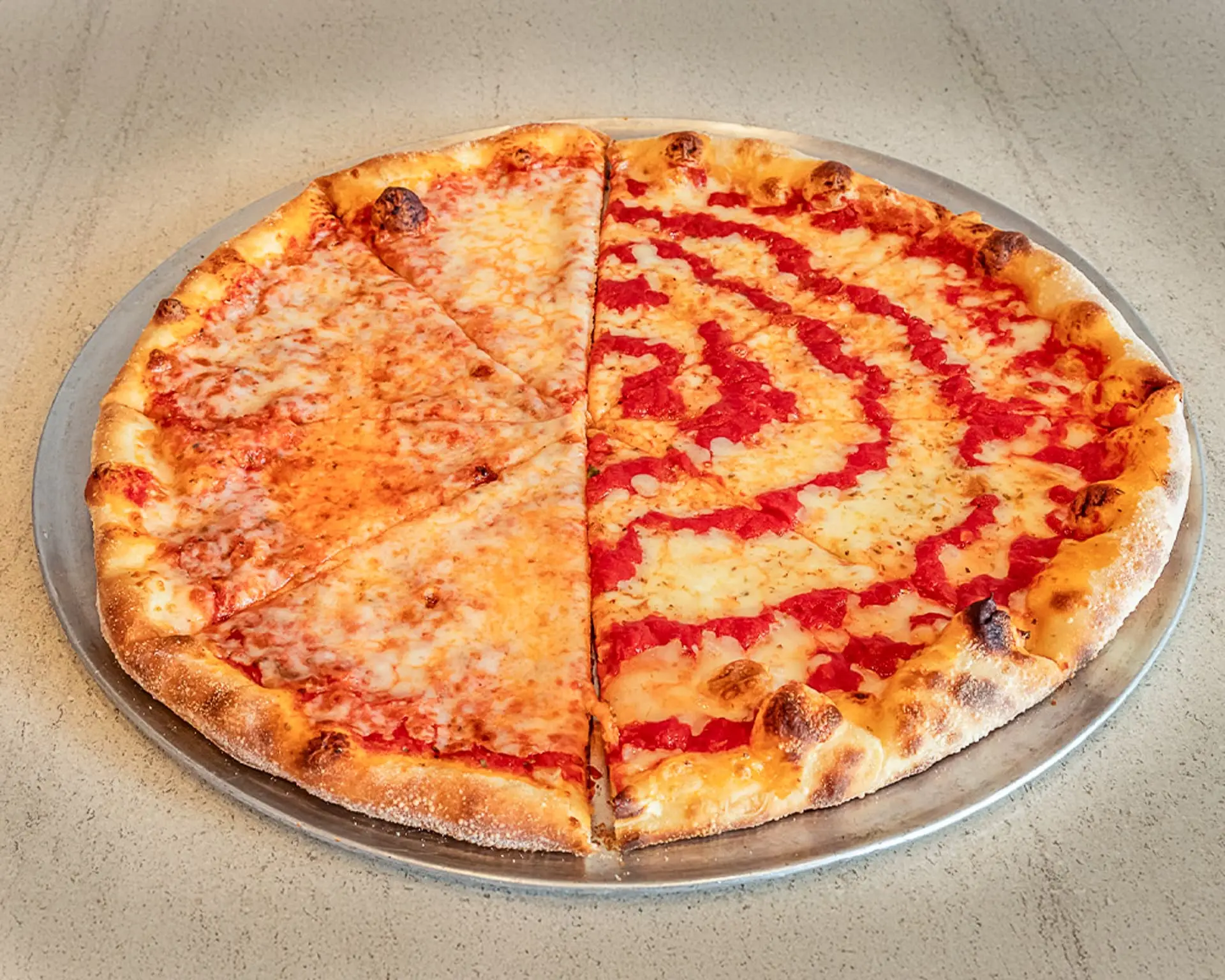 Half New York, half Jersey Boardwalk 18-inch pizza — pizza catering from Anthony & Luca’s Pizza Kitchen