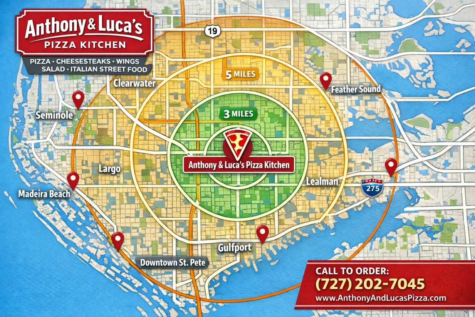 Pizza delivery saint pete Florida from Anthony and Luca's Pizza Kitchen hot fresh NY style pizza